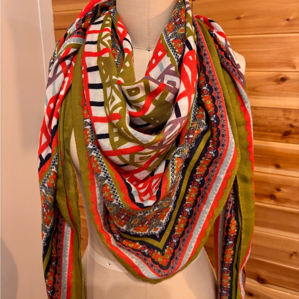 Colorful Geometric Patterned Scarf - Olive, Red & White - Picture 2 of 4